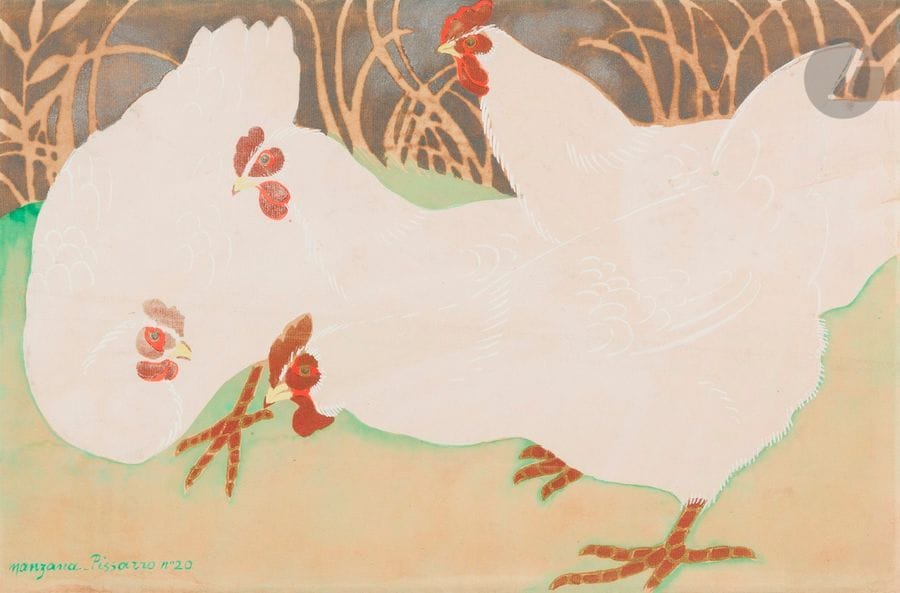 Georges MANZANA-PISSARRO (1871-1961)
Trois Poules blanches. 1920. Pochoir en couleurs et à l’encre bronze doré et argent. 470 x 310. Belle épreuve sur vergé mince, signée et numérotée à l’encre verte. Petites fractures et accidents en tête du feuillet (visibles uniquement par transparence). Tirage à 100 épreuves. 