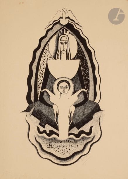 Felix del Marle (1889-1952)
Alleluia. Lithographie. 215 x 400. Très belle épreuve sur vélin mince beige jaune, signée au crayon. Deux petites taches brunes en tête du feuillet. Infimes taches en pied. Toutes marges. 