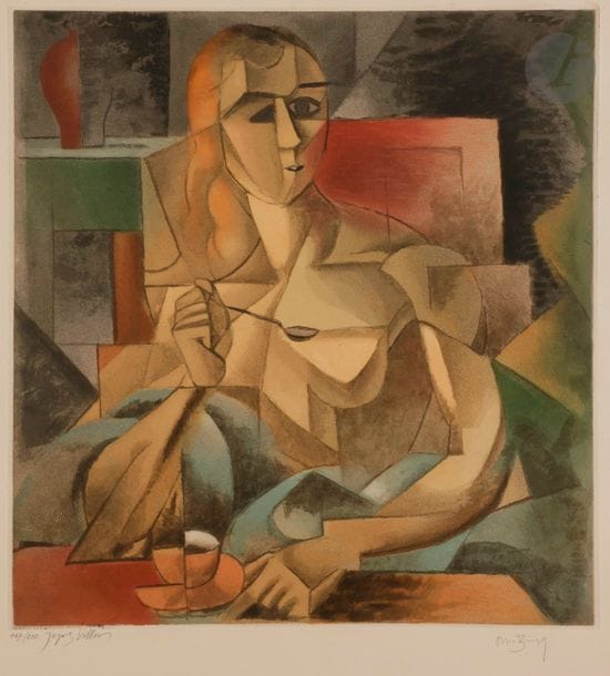 Jean Metzinger (1883-1956) (d’après)
La Tasse de thé. 1929. Gravé par J. Villon. 445 x 475. Ginestet et Pouillon 666. Impression en couleurs. Très belle épreuve sur vélin, numérotée et signée au crayon par Villon puis signée par Metzinger. Petite tache claire dans l’angle supérieur gauche du feuillet. Infimes accidents aux bords du feuillet. Toutes marges. Tirage à 200 épreuves. Bernheim Jeune éd. 