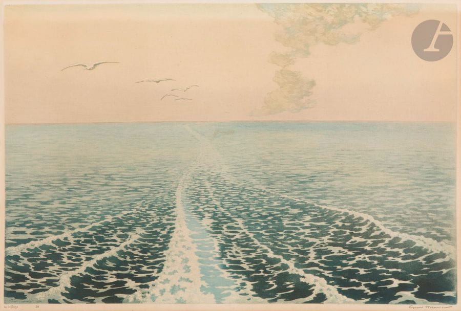 Henri Meunier (1873-1922)
Le Sillage. 1920. Aquatinte. 475 x 325. Impression en couleurs. Belle épreuve sur vélin, titrée, numérotée et signée au crayon. Forte oxydation marginale et autre trace plus légère en travers du feuillet. Toutes marges. 