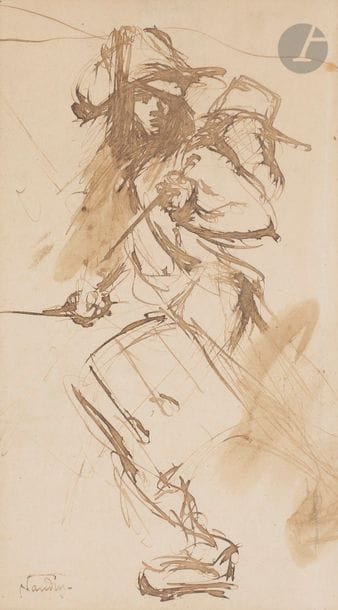 Bernard NAUDIN (1876-1946)
Tambour major. Dessin à la plume et à l’encre sépia sur vélin mince. À vue : 95 x 175. Signé en bas à gauche. Cadre. 
