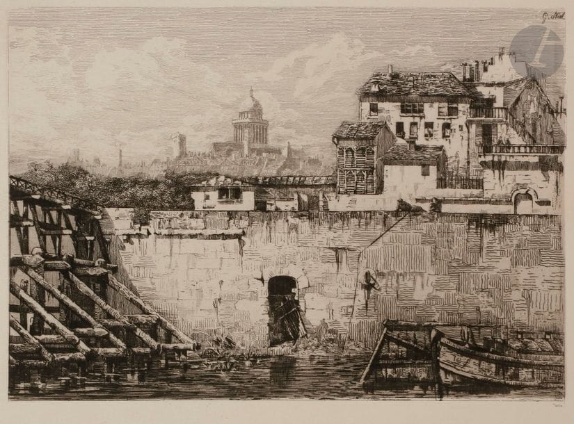 Gabrielle Niel (vers 1840- ?)
Ruines de l’hôtel de Bretonvilliers. 1866. Eau-forte. 320 x 240. Parfaite épreuve sur japon vergé mince, l’une des 25 épreuves tirées sans la lettre (une partie du mot « Paris » cependant encrée à droite), en marge du tirage pour L’Eau-forte en 1875. Toutes marges. 