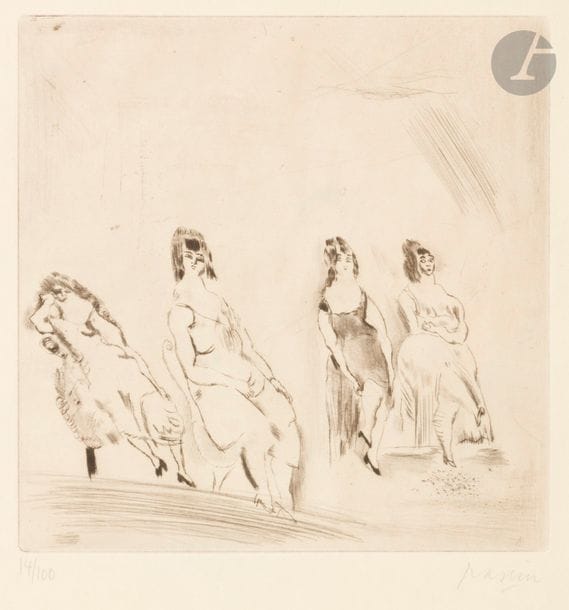 Jules Pascin (Julius Mordecai Pincas, dit) (1885-1930)
Une, deux, trois, quatre dames. 1924. Pointe sèche. 180 x 180. Rambert 118. Parfaite épreuve sur simili-japon fort, numérotée et signée au crayon. Toutes marges. Tirage à 100 épreuves.