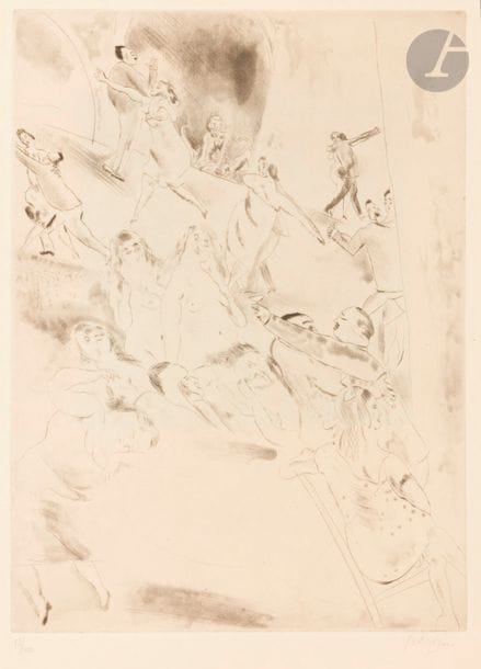 Jules Pascin (Julius Mordecai Pincas, dit) (1885-1930)
Charmante soirée. 1929. Pointe sèche et aquatinte. 245 x 325. Rambert 154. Très belle épreuve sur simili-japon fort, numérotée et signée au crayon. Fine bande d’empoussiérage le long du bord droit. Toutes marges. Tirage à 100 épreuves. 