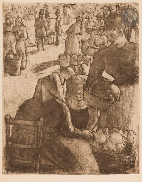 Camille PISSARRO (1830-1903)
Marché aux légumes, à Pontoise. 1891. Eau-forte. 202 x 255. Delteil 97. Très belle épreuve tirée en noir bistré sur vélin, du tirage pour le catalogue raisonné Le Peintre-graveur illustré de Delteil (tome XVII, 1923). Légère oxydation au bord gauche. Toutes marges. 