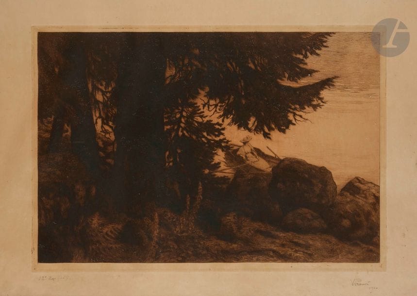 Victor PROUVE (1858-1943)
Femme en barque vue à travers des branchages. 1910. Eau-forte. 680 x 450. Belle épreuve tirée en noir bistré sur japon fort, annotée « 12 épreuve (40) », signée et datée au crayon. Oxydation du feuillet. Quelques petites taches rousses et auréoles d’humidité. Toutes marges. Cadre. 