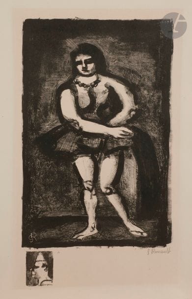 Georges ROUAULT (1871-1958)
L’Écuyère. (Pl. pour l’album Maîtres et Petits Maîtres d’aujourd’hui). 1926. Lithographie. 220 x 395. Chapon et Rouault 318. Belle épreuve sur vélin fort, avec remarque, signée au crayon. Trace d’oxydation à l’ouverture d’un ancien montage et au verso. Petites épidermures dans les angles en tête au verso. Toutes marges. E. Frapier éd. Timbre sec : Galerie des Peintres-graveurs (Lugt 1057b).