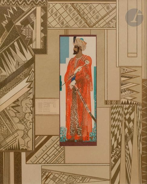 François-Louis SCHMIED (1873-1941)
Haroun al Raschid. Couverture pour J.-C. Mardrus, Histoire charmante de l’adolescente Sucre d’Amour. Paris, Schmied, 1927. Gravure sur bois. 230 x 295. Impression en couleurs et à l’or. Belle épreuve sur vélin, fixée par deux morceaux d’adhésif au verso. Toutes marges. Cadre. 

Provenance : succession de l’artiste.