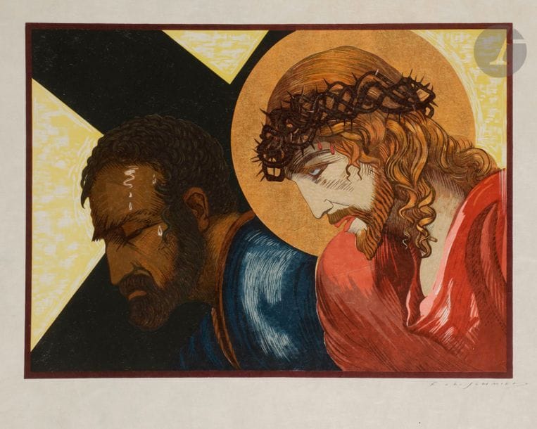 François-Louis SCHMIED (1873-1941)
Le Christ ; Le Christ et Simon de Cyrène. (Pl. pour Le Chemin de croix). 1932. Gravure sur bois. 290 x 208. Impression en couleurs et à l’or. Très belles épreuves sur japon nacré, revêtues de la griffe de l’artiste. Toutes marges non ébarbées. Ens. 2 p. 

Provenance : succession de l’artiste.