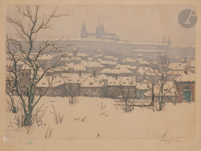 Tavik Frantisek SIMON (1877-1942)
Hrad?any pod sn?hem (Hradcany – Prague – sous la neige). 1929. Vernis mou et aquatinte. 453 x 318. Impression en couleurs. Très belle épreuve sur vergé mince, numérotée au crayon, timbrée et signée. Oxydation du feuillet. Fins plis de manipulation. Petites taches et rousseurs. Toutes marges. Tirage à 115 épreuves. 