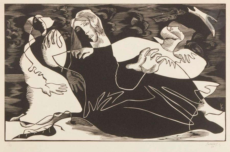 Leopold SURVAGE (1879-1968)
Femmes et oiseau. 1933. Bois gravé. 405 x 250. Très belle épreuve sur vélin, numérotée, signée et datée au crayon. Trace claire d’oxydation à l’ouverture d’un ancien montage. Annotations d’encadreur au crayon le long du bord inférieur. Toutes marges (les bords effrangés). Tirage à 53 épreuves.