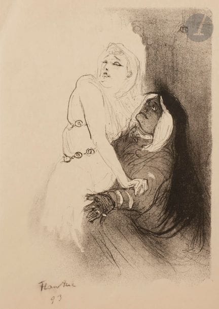 Henri de TOULOUSE-LAUTREC (1864-1901)
À la Renaissance : Sarah Bernhardt dans « Phèdre ». 1893. Lithographie. 230 x 350 [315 x 460]. Delteil 47 ; Wittrock 37. Très belle épreuve sur vélin mince crème, l’une des 3 épreuves d’essai connues, celle-ci avant rectification des bords du sujet, signée et datée à la pierre noire (inscriptions légèrement frottées). Pli cassé oblique dans l’angle supérieur gauche (sans atteinte au sujet). Quelques fins courts plis cassés épars. Minuscules taches rousses au bord droit. Belles marges. Tirage définitif à 100 épreuves. De toute rareté : Wittrock n’avait rencontré qu’une seule épreuve d’essai semblable, dédicacée à Bruant, aujourd’hui conservée à la National Gallery of Art de Washington. 