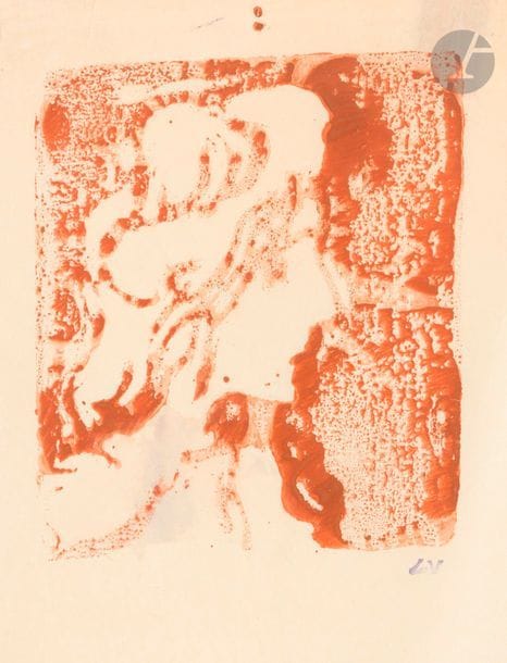 Louis VALTAT (1869-1952)
Tête de femme de profil à droite. Vers 1897-1898. Monotype (vraisemblablement sur plaque de verre) à l’encre rouge. 155 x 180. Très belle épreuve sur vélin mince, revêtue du timbre de l’atelier (Lugt 1771 bis). Traces de plis, infimes manques et courtes déchirures en tête (l’une anciennement consolidée par du kraft gommé au verso). Toutes marges (bords irréguliers). 

 Le même sujet a été gravé sur bois par l’artiste en 1898 pour parution dans le périodique illustré L’Omnibus de Corinthe, n° 12 du 15 janvier 1899 (cf. catalogue Arsène Bonafous-Murat, « Artistes, amis, collaborateurs de L’Ymagier, la Revue blanche, La Critique, L’Omnibus de Corinthe, L’Épreuve », mai 1988, notice n° 272, reproduit). Notre monotype est possiblement une étude pour ce bois.