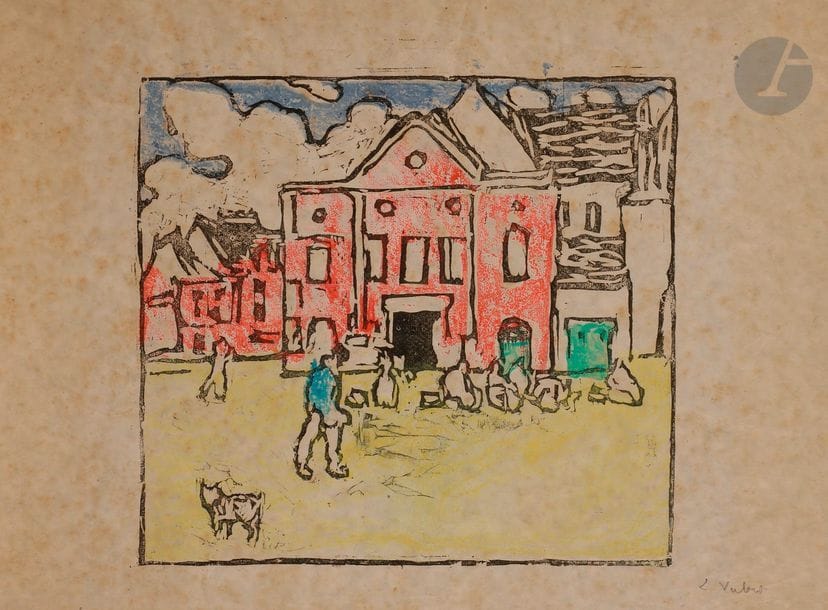 Louis VALTAT (1869-1952)
Village. Vers 1905-1910. Bois gravé. 290 x 260. Impression en couleurs. Belle épreuve sur vélin mince (« papier boucherie »), signée au crayon. Innombrables rousseurs claires. Toutes marges. Très rare. 

« Gauguin a joué ici son rôle : ami de Daniel de Monfreid depuis 1895, Valtat connaît certainement les bois gravés du Marquisien. Mais les demi-teintes, ces précieuses transparences et ces irisations qui, dans les bois de Gauguin nous font insensiblement glisser du noir au marron et du marron à l’orange, ces phosphorescences […] sont tout à fait étrangères aux gravures de Valtat ; bigarré dans ses toiles (en 1905, il est classé parmi les Fauves, après avoir été jugé nabi quelque dix ans plus tôt), Valtat juxtapose les tons purs dans ses bois, verts et rouges côte à côte. Contrairement aux graveurs de Pont-Aven, Valtat ne se donne pas d’alibis exotiques ou primitivistes. Ni vahinés ni damoiseaux : ses modèles sont tirés de la vie moderne, au même titre que les acteurs des paravents nabis. Mais son travail, lui, est nettement expérimental : en cela, il descend de Gauguin et d’Émile Bernard. » (Emmanuel Pernoud, L’Estampe des Fauves, Paris, Hermann, 1994, pp. 27-28). 