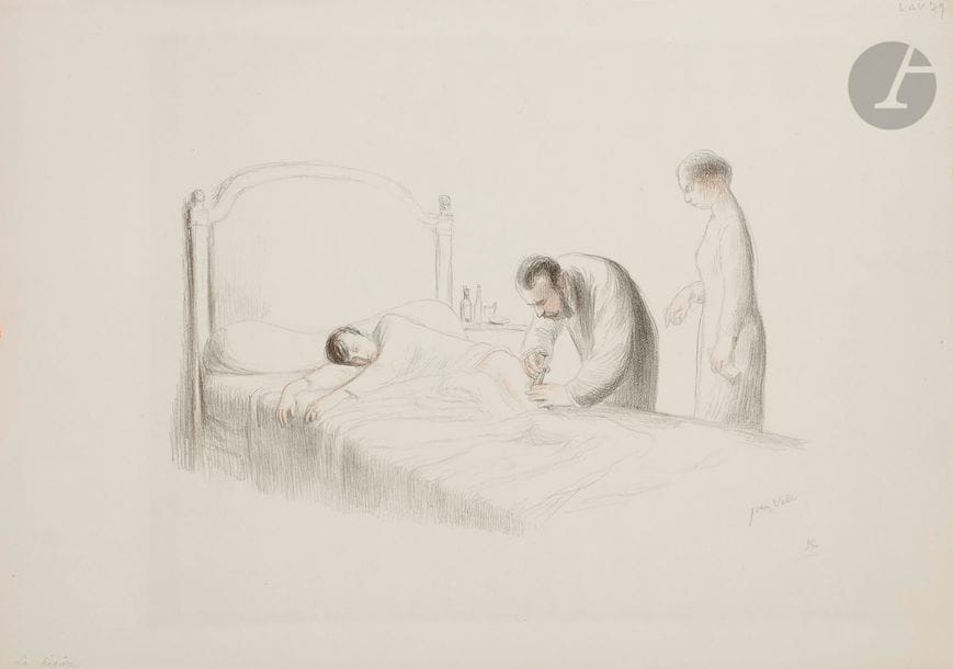 Jean VEBER (1864-1928)
La Piqûre. 1913. Lithographie. 310 x 195. Veber et Lacroix 79. Impression en couleurs. Très belle épreuve sur vélin, signée et numérotée au crayon. Toutes marges. Rare. Tirage à 20 épreuves.