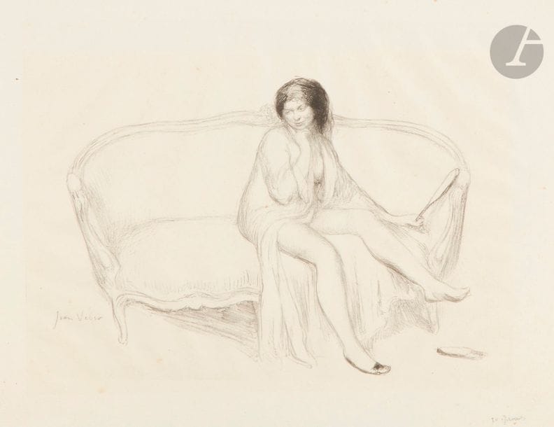 Jean VEBER (1864-1928)
Le Roman chez la portière ; La Leçon ; Le Père la Chicaille ; Petit nu posant. 1904-1912. Lithographie. Formats divers. Veber et Lacroix 58, 65, 94 et 135. Belles épreuves sur différents papiers, 3 signées et justifiées au crayon. Larges auréoles d’humidité à la dernière. Toutes marges. Ens. 4 p.