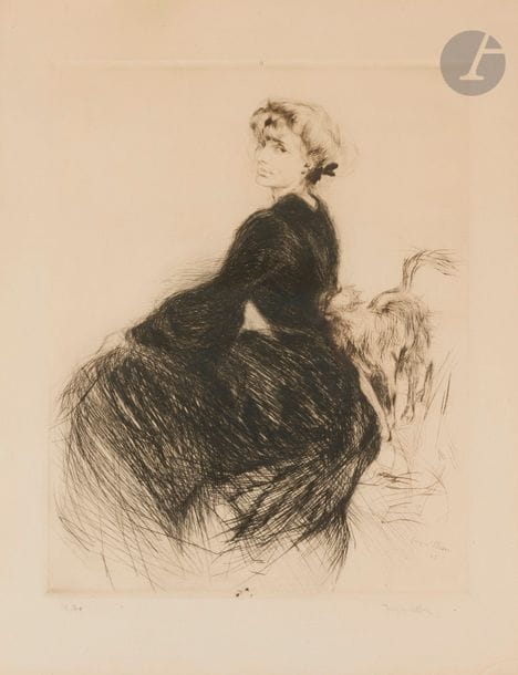Jacques Villon (Gaston Duchamp, dit) (1875-1963)
Lily ou la femme au chat. 1905. Pointe sèche. 325 x 410. Ginestet et Pouillon 134. Belle épreuve sur vélin ivoire, numérotée et signée au crayon. Petite auréole claire d’humidité dans l’angle inférieur droit. Toutes marges. Rare. Tirage à 340 épreuves. Cadre. 