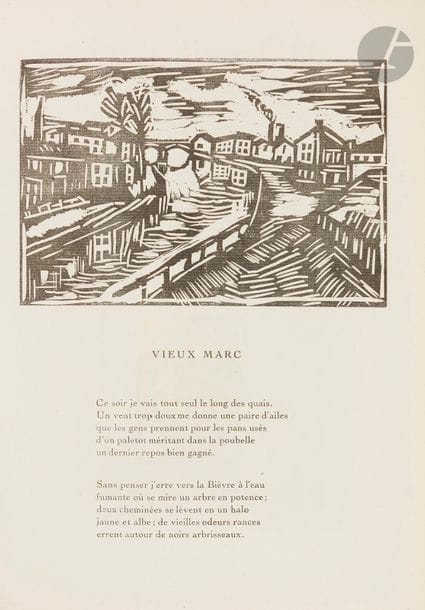 Maurice de Vlaminck (1876-1958)
Voyages. Poèmes de Vanderpyl. Éditions de la Galerie Simon, Paris, 1920. Un vol. in-4 illustré de 25 bois gravés in-texte. Walterskirchen 27 à 45. Forte oxydation sur deux feuillets. L’un des 90 exemplaires sur vélin de Hollande van Gelder, broché, numéroté, et signé par l’auteur et l’artiste à la plume et à l’encre de chine. Tirage total à 100 exemplaires. Ex-coll. H.-M. Petiet (Lugt 5031).
