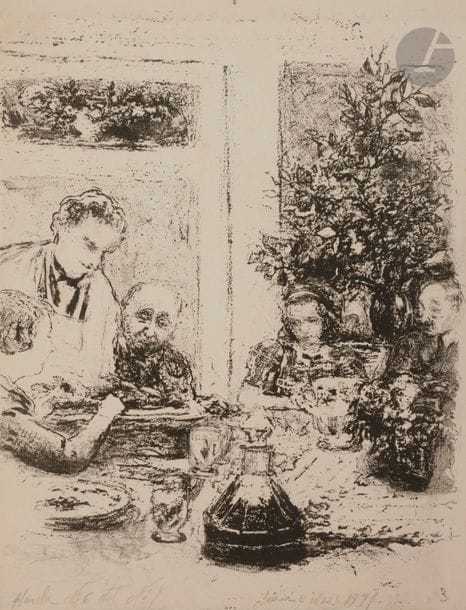 Edouard VUILLARD (1868-1940)
Le Repas. (Pl. 6 pour H.-J. Laroche, Cuisine, Paris, Arts et Métiers Graphiques, 1935). Lithographie. 251 x 308. Roger-Marx 59. Très belle épreuve d’essai sur vergé, avec annotations au crayon en pied du feuillet : « planche n° 6 état définitif / Vendredi 4 mars 1935 / 3 ». Toutes marges. Ex-coll. H.-M. Petiet (Lugt 5031).