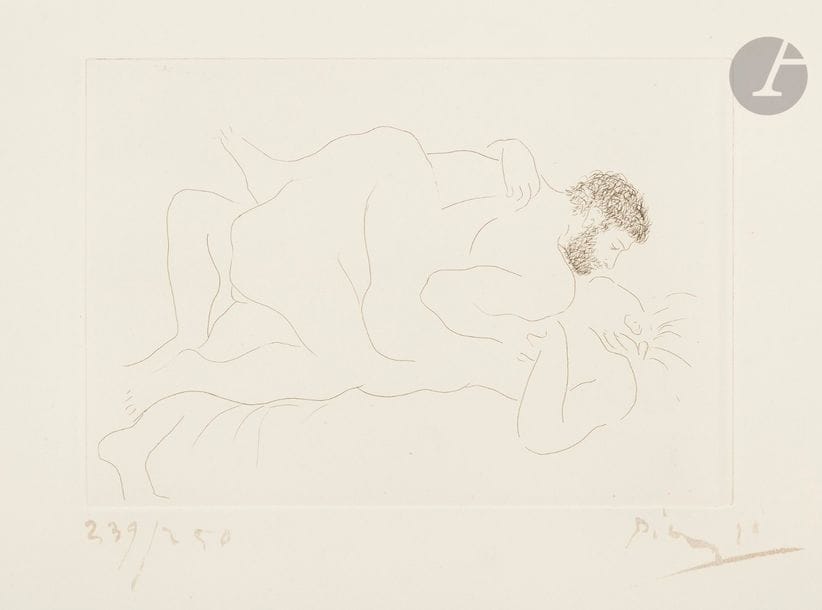 Pablo Picasso (1881-1973)
Homme et femme. 1927. Eau-forte. 279 x 194. Bloch 77 ; Baer 118 b 2 ; Johnson 91. Très belle et fraîche épreuve sur vélin fort, numérotée et signée au pinceau et à l’encre grise. Infimes points de rouille. Toutes marges non ébarbées. Tirage à 250 épreuves. A. Vollard éd. (cette planche devait être incluse dans deux de ses albums qui ne furent pas réalisés). 

Succession H.-M. Petiet