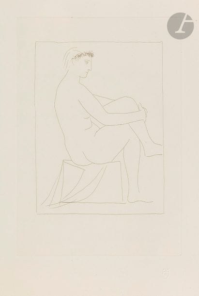 Pablo Picasso (1881-1973)
Suite Vollard
Femme nue couronnée de fleurs. (Suite Vollard, pl. 1). 1930. Eau-forte. 220 x 310. Bloch 134 ; Baer 192 B d. Très belle épreuve sur vergé de Montval filigrané « Picasso », du tirage à petites marges à 260 épreuves, non signée. Petit trou sur le coup de planche supérieur, visible essentiellement par transparence. Toutes marges non ébarbées. 

Succession H.-M. Petiet
