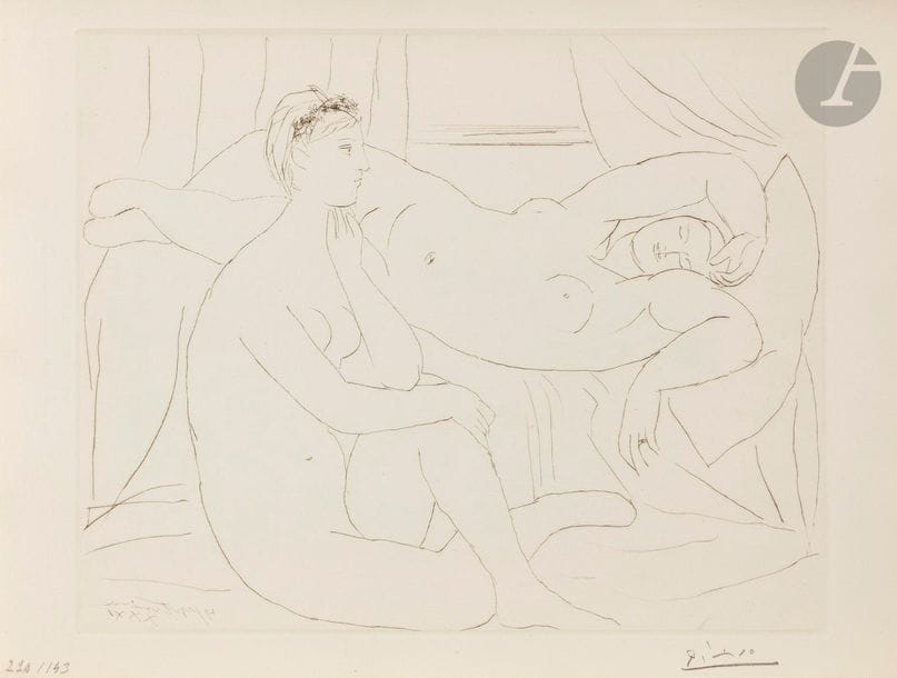 Pablo Picasso (1881-1973)
Suite Vollard
Femmes se reposant. (Suite Vollard, pl. 10). 1931. Eau-forte. 365 x 297. Bloch 143 ; Baer 210 B d. Parfaite épreuve sur vergé de Montval filigrané « Picasso », du tirage à petites marges à 260 épreuves, signée au crayon. Toutes marges non ébarbées. 

Succession H.-M. Petiet