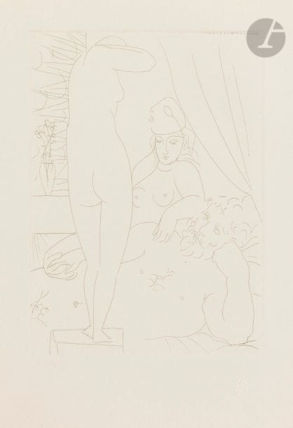 Pablo Picasso (1881-1973)
Suite Vollard
Le Repos du sculpteur et le modèle au masque. (Suite Vollard, pl. 50). 1933. Eau-forte. 193 x 267. Bloch 159 ; Baer 312 B d. Parfaite épreuve sur vergé de Montval filigrané « Vollard », du tirage à petites marges à 260 épreuves, non signée. Petit enfoncement au bord gauche (inhérent à la fabrication du papier). Toutes marges non ébarbées. 

Succession H.-M. Petiet