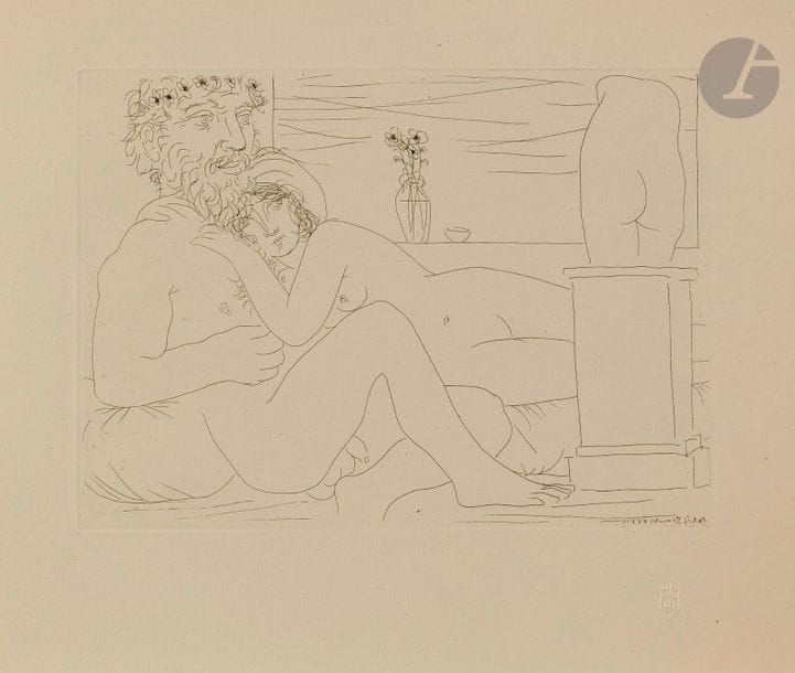 Pablo Picasso (1881-1973)
Suite Vollard
Le Repos du sculpteur devant le petit torse. (Suite Vollard, pl. 53). 1933. Eau-forte. 268 x 195. Bloch 162 ; Baer 315 B d. Parfaite épreuve sur vergé de Montval filigrané « Picasso », du tirage à petites marges à 260 épreuves, non signée. Toutes marges non ébarbées. 

Succession H.-M. Petiet