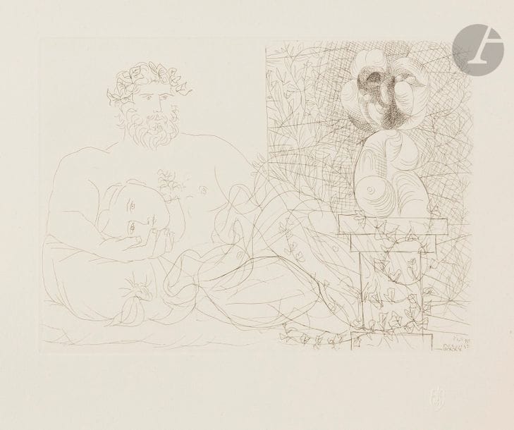 Pablo Picasso (1881-1973)
Suite Vollard
Le Repos du sculpteur et la sculpture surréaliste. (Suite Vollard, pl. 60). 1933. Eau-forte. 268 x 192. Bloch 169 ; Baer 322 B d. Parfaite épreuve sur vergé de Montval filigrané « Vollard », du tirage à petites marges à 260 épreuves, non signée. Toutes marges non ébarbées. 

Succession H.-M. Petiet
