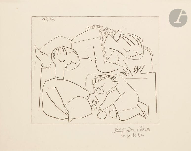 Pablo Picasso (1881-1973)
Françoise, Claude, Paloma : la lecture et les jeux. 16 janvier 1953. Eau-forte et grattoir. 305 x 257. Bloch 736 ; Baer 902 A b. Très belle épreuve sur vélin mince, du tirage effectué par Frélaut en 1960, antérieure au tirage à 50 épreuves pour la galerie Louise Leiris, signée et annotée « Bon à tirer 30.10.60 » au crayon. Toutes marges. 

Succession H.-M. Petiet