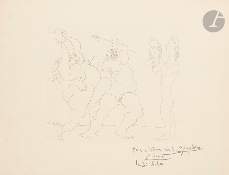 Pablo Picasso (1881-1973)
Bacchanale avec jeune homme au masque. 18 septembre 1955. Eau-forte. 304 x 255. Bloch 774 ; Baer 948 B a (cette épreuve citée). Très belle épreuve sur vergé de Montval, du tirage effectué en 1960 par Frélaut, antérieure au tirage à 50 épreuves pour la galerie Louise Leiris, annotée « Bon à tirer sur les 3 papiers », signée puis datée « 30.10.60 » au crayon. Toutes marges. 

Succession H.-M. Petiet