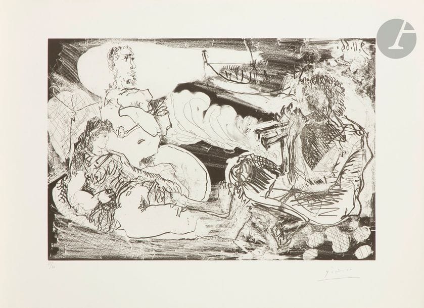 Pablo Picasso (1881-1973)
Joueur de diaule et couple au bord de la mer. 9 novembre 1966. Aquatinte, eau-forte et crayon lithographique. 465 x 315. Bloch 1396 ; Baer 1421 B b 1. Parfaite épreuve sur vélin de Rives, numérotée et signée au crayon. Toutes marges. Tirage à 50 épreuves pour la galerie Louise Leiris (1968). 

Succession H.-M. Petiet