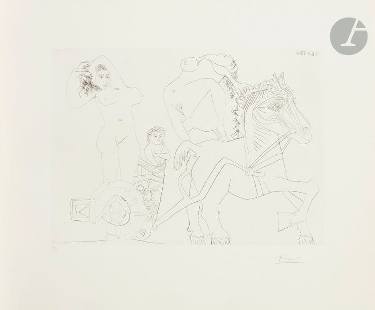 Pablo Picasso (1881-1973)
Série « Les 347 »
Femme et enfant sur un char romain, avec une écuyère-acrobate. (Les 347, pl. 52). 26 avril 1968. Pointe sèche. 385 x 275. Bloch 1532 ; Baer 1548 B b 1. Parfaite épreuve sur vélin de Rives, numérotée et signée au crayon. Toutes marges. Tirage à 50 épreuves pour la galerie Louise Leiris (1968). 

Succession H.-M. Petiet
