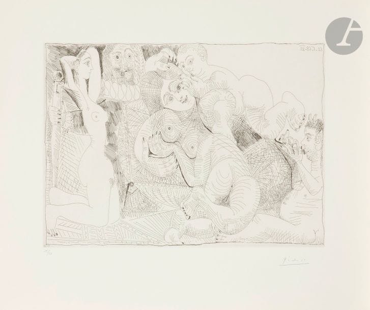 Pablo Picasso (1881-1973)
Série « Les 347 »
La Vie en rose (« Quand il me parle tout bas… ») (Les 347, pl. 80). 12 mai 1968. Eau-forte. 374 x 274. Bloch 1560 ; Baer 1576 B b 1. Parfaite épreuve sur vélin de Rives, numérotée et signée au crayon. Toutes marges. Tirage à 50 épreuves pour la galerie Louise Leiris (1969). 

Succession H.-M. Petiet