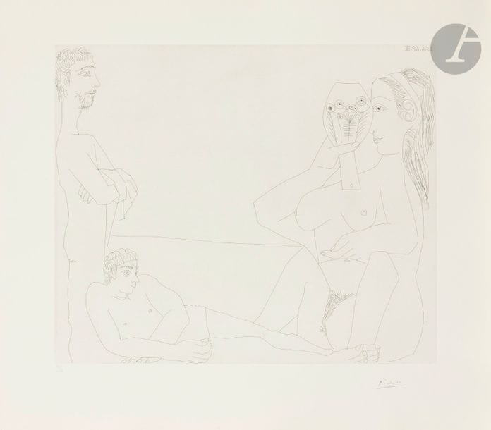 Pablo Picasso (1881-1973)
Série « Les 347 »
Sur la plage, femme au miroir et deux baigneurs. (Les 347, pl. 186). 25 juin 1968. Eau-forte. 493 x 410. Bloch 1666 ; Baer 1682 B b 1. Parfaite épreuve sur vélin de Rives, numérotée et signée au crayon. Toutes marges. Tirage à 50 épreuves pour la galerie Louise Leiris (1969). 

Succession H.-M. Petiet