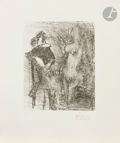 Pablo Picasso (1881-1973)
Série « Les 347 »
Homme accoudé et à demi agenouillé sur une chaise devant une femme. (Les 347, pl. 228). 1er août 1968. Eau-forte, grattoir, pointe sèche et papier de verre. 175 x 220. Bloch 1708 ; Baer 1724 II B b 2. Parfaite épreuve sur vélin de Rives, numérotée au crayon et signée au crayon rouge. Toutes marges. Tirage à 50 épreuves pour la galerie Louise Leiris (1969). 

Succession H.-M. Petiet