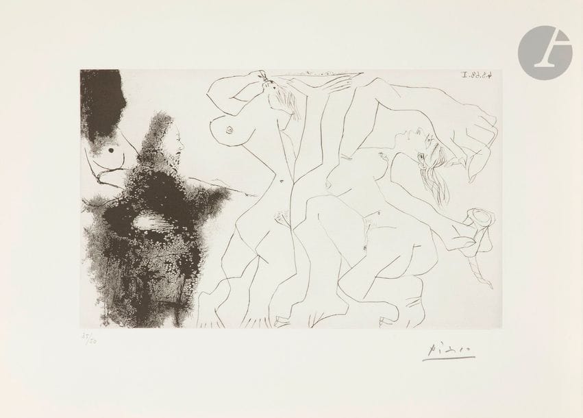 Pablo Picasso (1881-1973)
Série « Les 347 »
Vieux peintre rembranesque peignant des bacchantes. (Les 347, pl. 240). 4 août 1968. Aquatinte au sucre et pointe sèche. 321 x 185. Bloch 1720 ; Baer1737 B b 1. Parfaite épreuve sur vélin de Rives, numérotée et signée au crayon. Toutes marges. Tirage à 50 épreuves pour la galerie Louise Leiris (1969). 

Succession H.-M. Petiet