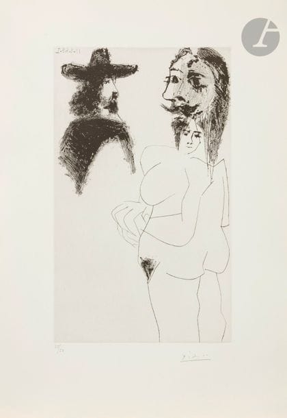Pablo Picasso (1881-1973)
Série « Les 347 »
Beau gentilhomme espagnol et femme à barbe. (Les 347, pl. 263). 10 août 1968. Aquatinte, pointe sèche et grattoir. 198 x 322. Bloch 1743 ; Baer 1760 B b 1. Parfaite épreuve sur vélin de Rives, numérotée et signée au crayon. Toutes marges. Tirage à 50 épreuves pour la galerie Louise Leiris (1969). 

Succession H.-M. Petiet
