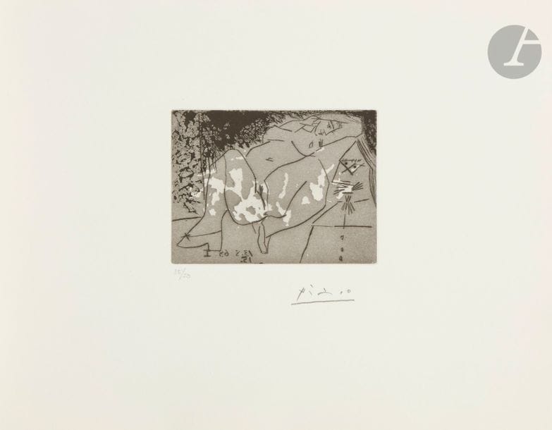 Pablo Picasso (1881-1973)
Série « Les 347 »
Jeune femme et « mousquetaire ». (Les 347, pl. 272). 13 et 15 août 1968. Aquatinte et pointe sèche. 115 x 95. Bloch 1752 ; Baer 1769 II B b 1. Parfaite épreuve sur vélin de Rives, numérotée et signée au crayon. Toutes marges. Tirage à 50 épreuves pour la galerie Louise Leiris (1969).

Succession H.-M. Petiet