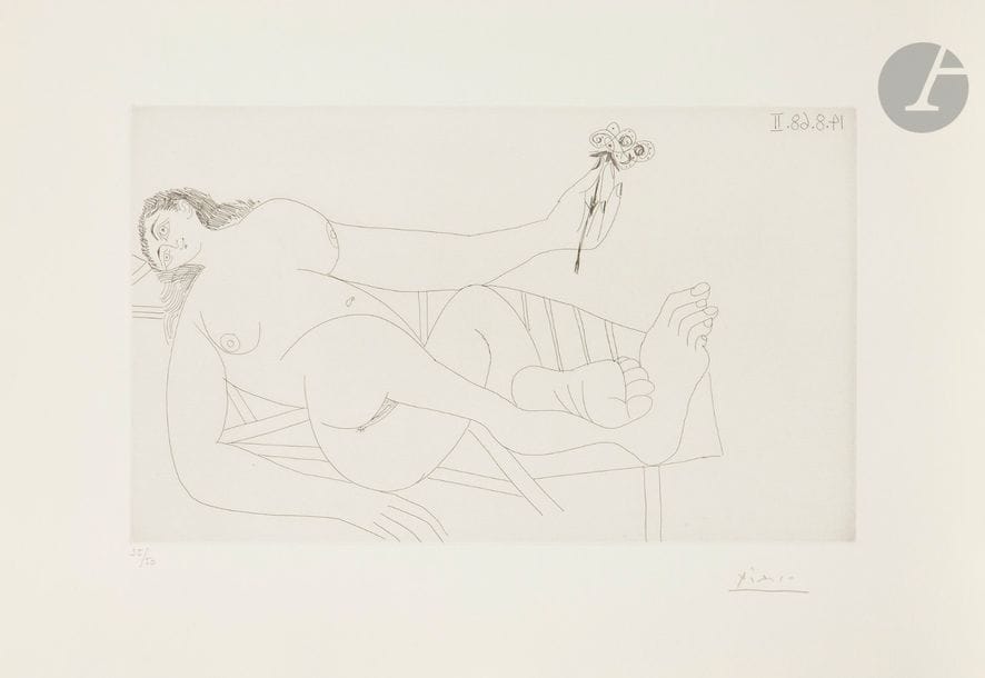 Pablo Picasso (1881-1973)
Série « Les 347 »
Femme à la fleur sur un transat. (Les 347, pl. 278). 14 août 1968. Eau-forte. 322 x 195. Bloch 1758 ; Baer 1775 B b 1. Parfaite épreuve sur vélin de Rives, numérotée et signée au crayon. Toutes marges. Tirage à 50 épreuves pour la galerie Louise Leiris (1969). 

Succession H.-M. Petiet