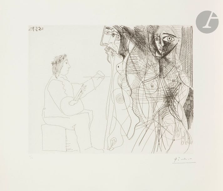 Pablo Picasso (1881-1973)
Série « Les 156 »
Le Peintre et la femme. (Les 156, pl. 57). 25 mai 1970. Eau-forte. 345 x 268. Bloch 1912 ; Baer 1918 B a. Parfaite épreuve sur vélin de Rives, numérotée et timbrée (Lugt 2026e). Toutes marges. Tirage à 50 épreuves pour la galerie Louise Leiris (1978). 

Succession H.-M. Petiet