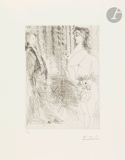 Pablo Picasso (1881-1973)
Série « Les 156 »
Le Cabinet particulier. Degas et une fille. (Les 156, pl. 80). 12 mars 1971. Eau-forte. 145 x 205. Bloch 1935 ; Baer 1944 II B b 1. Parfaite épreuve sur vélin de Rives, numérotée et timbrée (Lugt 2026e). Toutes marges. Tirage à 50 épreuves pour la galerie Louise Leiris (1978). 

Succession H.-M. Petiet