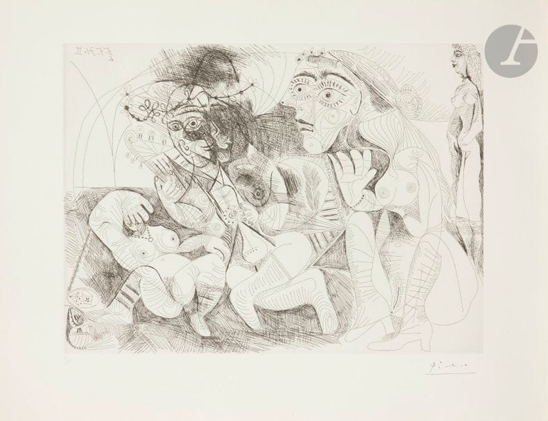 Pablo Picasso (1881-1973)
Série « Les 156 »
Filles entre elles ; la récréation en musique. (Les 156, pl. 120). 5 et 6 mai 1971. Eau-forte. 490 x 363. Bloch 1975 ; Baer 1984 B a. Parfaite épreuve sur vélin de Rives, numérotée et timbrée (Lugt 2026e). Toutes marges. Tirage à 50 épreuves pour la galerie Louise Leiris (1978). 

Succession H.-M. Petiet