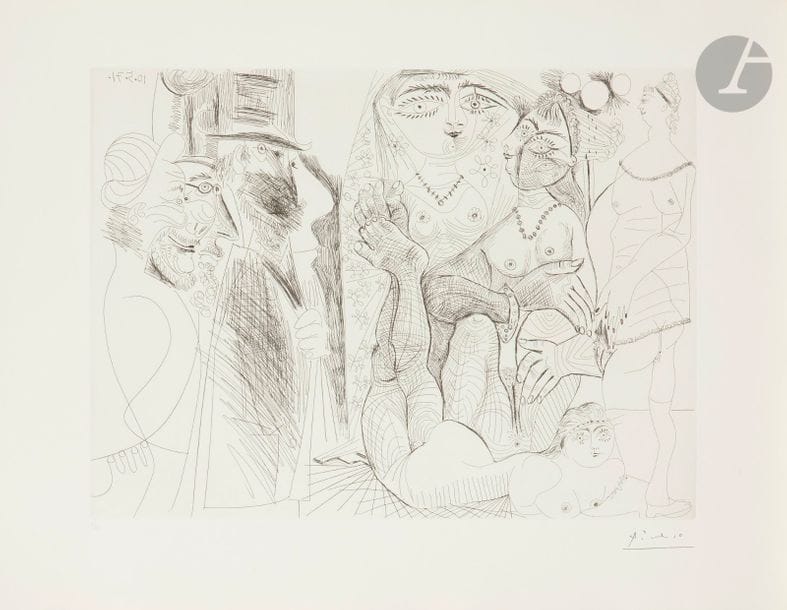Pablo Picasso (1881-1973)
Série « Les 156 »
La Maison Tellier ; l’arrivée des clients. (Les 156, pl. 121). 10 mai 1971. Eau-forte. 488 x 363. Bloch 1976 ; Baer 1985 B a. Parfaite épreuve sur vélin de Rives, numérotée et timbrée (Lugt 2026e). Toutes marges. Tirage à 50 épreuves pour la galerie Louise Leiris (1978). 

Succession H.-M. Petiet