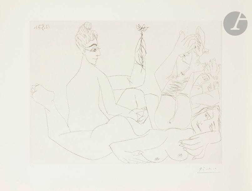 Pablo Picasso (1881-1973)
Série « Les 156 »
Filles entre elles, dont une avec une fleur. (Les 156, pl. 124). 12 mai 1971. Pointe sèche. 488 x 363. Bloch 1979 ; Baer 1971 B a. Parfaite épreuve sur vélin de Rives, numérotée et timbrée (Lugt 2026e). Toutes marges. Tirage à 50 épreuves pour la galerie Louise Leiris (1978). 

Succession H.-M. Petiet