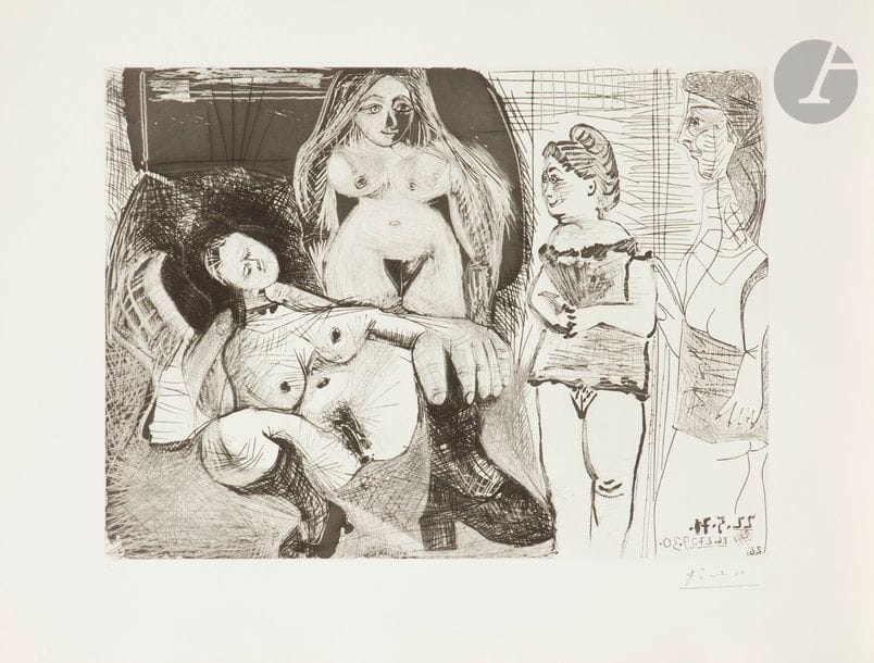 Pablo Picasso (1881-1973)
Série « Les 156 »
Filles entre elles : la sous-maîtresse. (Les 156, pl. 134). 22 mai 1971. Aquatinte au sucre, grattoir et pointe sèche. 488 x 363. Bloch 1989 ; Baer 1999 V B a. Parfaite épreuve sur vélin de Rives, numérotée et timbrée (Lugt 2026e). Toutes marges. Tirage à 50 épreuves pour la galerie Louise Leiris (1978). 

Succession H.-M. Petiet