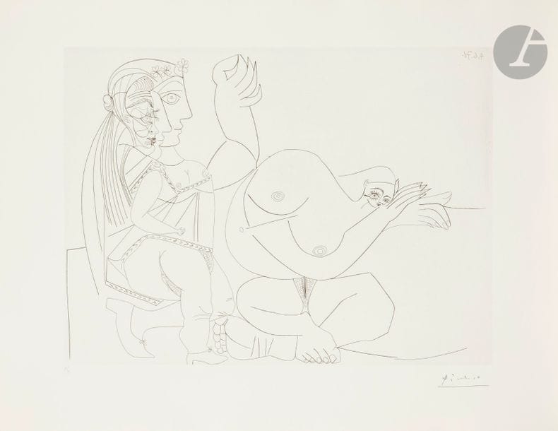 Pablo Picasso (1881-1973)
Série « Les 156 »
Femme aux trois profils, en chemise et en bottines, et femme nue songeant. (Les 156, pl. 142). 4 juin 1971. Eau-forte. 490 x 363. Bloch 1996 ; Baer 2006 B a. Parfaite épreuve sur vélin de Rives, numérotée et timbrée (Lugt 2026e). Toutes marges. Tirage à 50 épreuves pour la galerie Louise Leiris (1978). 

Succession H.-M. Petiet