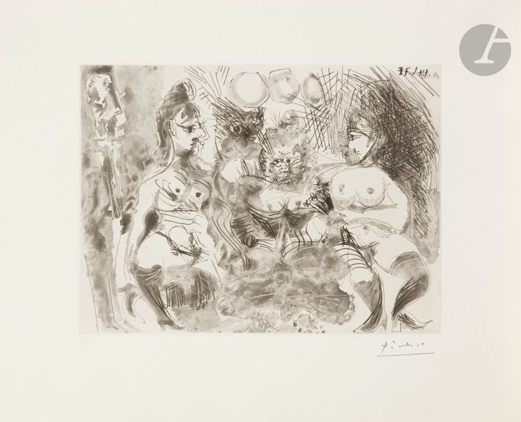 Pablo Picasso (1881-1973)
Série « Les 156 »
La Maison Tellier : la fête de la patronne, hibou, Degas appuyé au mur. (Les 156, pl. 152). 14 juin 1971. Aquatinte au sucre, morsure directe, pointe sèche et grattoir. 304 x 226. Bloch 2007 ; Baer 2017. Parfaite épreuve sur vélin de Rives, numérotée et timbrée (Lugt 2026e). Toutes marges. Tirage à 50 épreuves pour la galerie Louise Leiris (1978). 

Succession H.-M. Petiet