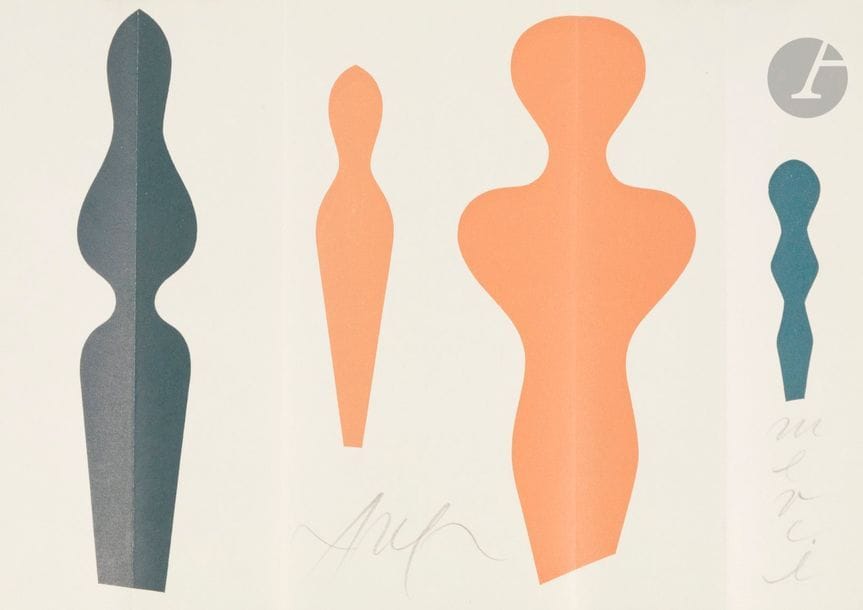 Jean ARP (1886-1966)
Poupées (carte de vœux ?). Lithographie. [290 x 210]. Impression en couleurs. Belle épreuve sur vélin mince remplié, signée et revêtue d’une date en chiffres romains (fantaisiste – 1956 ?). 
