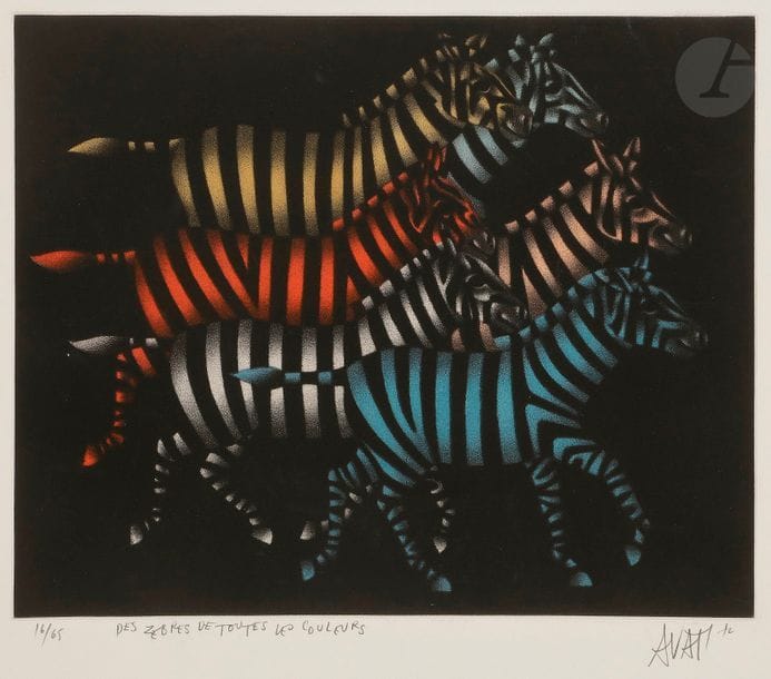 Mario AVATI (1921-2009)
Des zèbres de toutes les couleurs. 1972. Manière noire. 290 x 235. Impression en couleurs. Très belle et fraîche épreuve sur vélin, numérotée, titrée, signée et datée au crayon. Petite épidermure en tête au verso. Toutes marges. Tirage à 85 épreuves. 